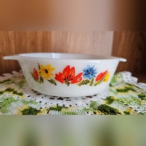 Vintage Glasbake White Milk Glass And Floral Casserole Dish